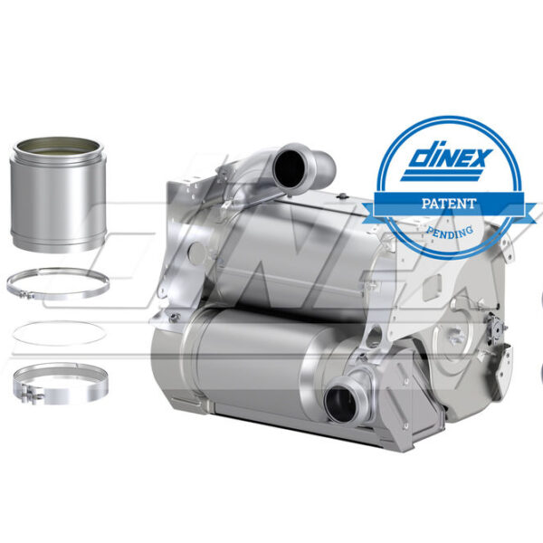 Dinex OneBox Solution with DPFs, clamps, and gaskets for Detroit Diesel engines.